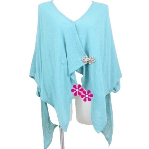 Soft Surroundings Sweaters - Soft Surroundings Blue Boho 100% Cotton Toggle Knot Shawl Poncho Women's OS